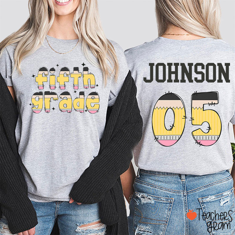 Personalized Pencil Pattern Letters And Numbers Teacher Two Sided T-Shirt