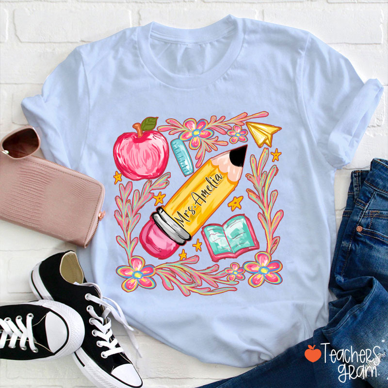 Flowers Pencil Apple Book Star Teacher T-Shirt