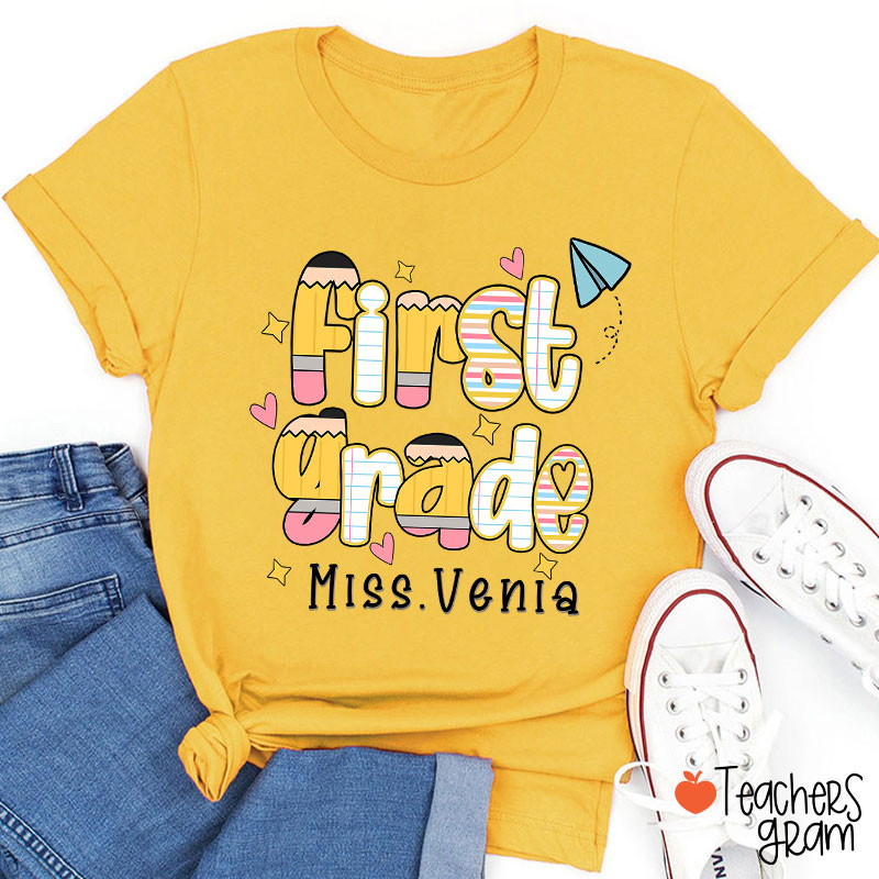 Personalized Name Grade Pencil Notebook Heart Star Paper Plane Teacher T-Shirt