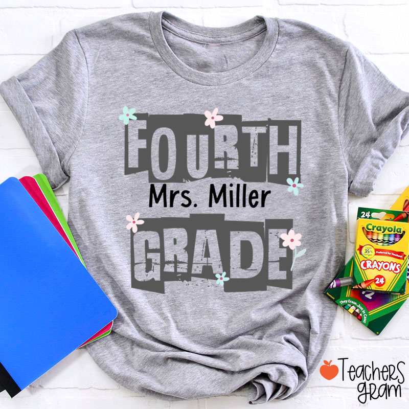 Personalized Grade Name Hollow Monochrome Flowers Teacher T-Shirt