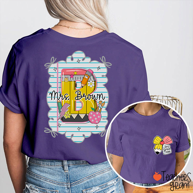 Personalized Grade And Name Pencil Bow Initials Teacher Two Sided T-Shirt