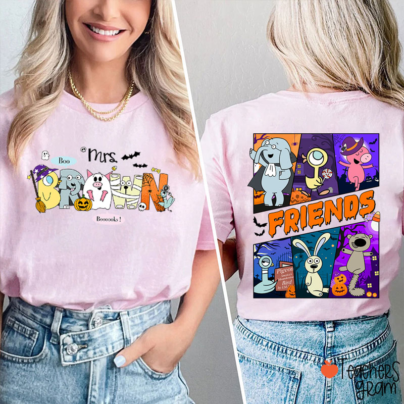 Personalized Name Boo Booooks Friends Teacher Two Sided T-Shirt
