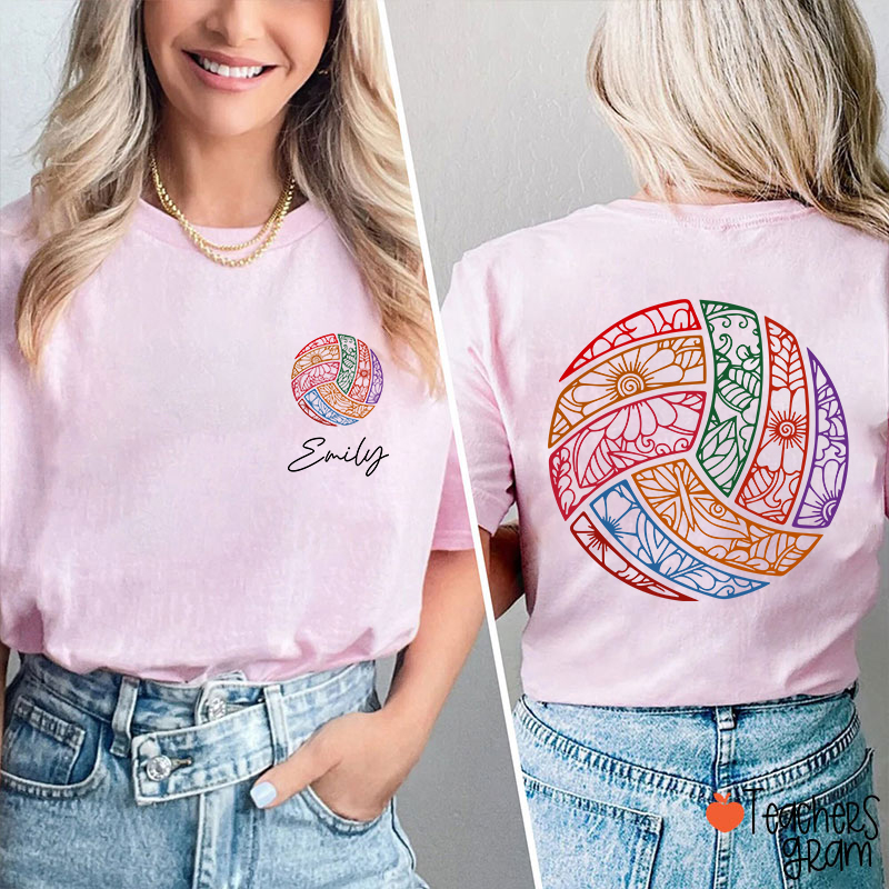 Personalized Name Floral Volleyball Game Day Teacher Two Sided T-Shirt