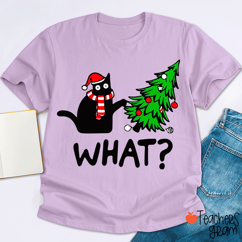 Cat Pushes Christmas Tree Teacher T-Shirt