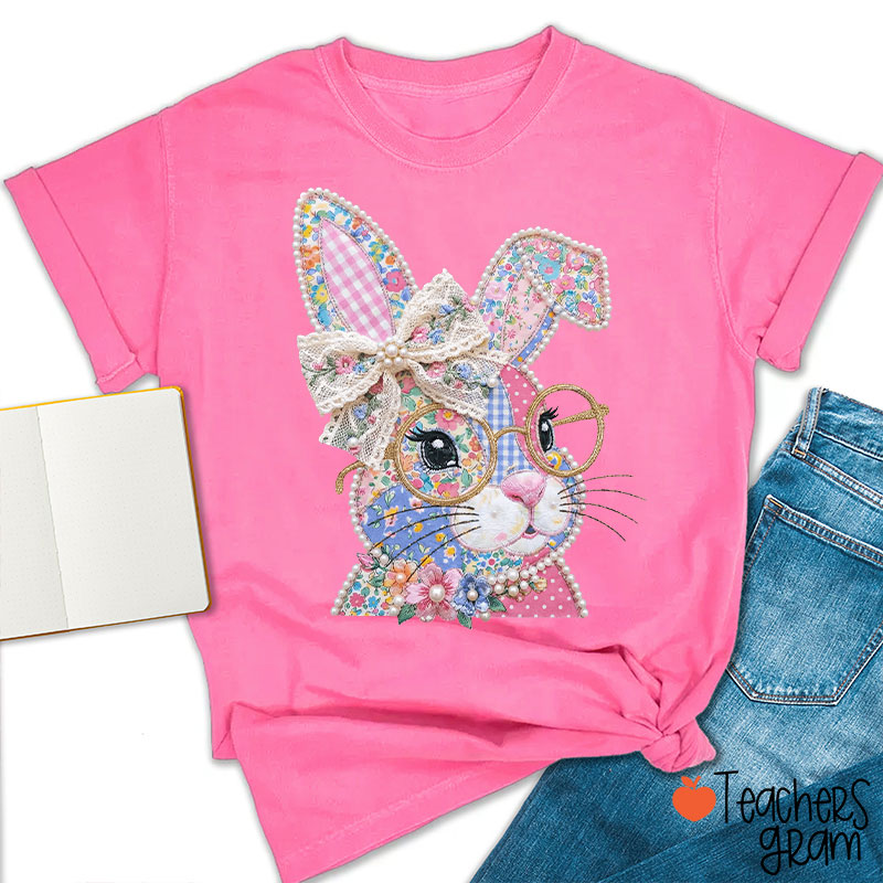 Faux Patchwork Bunny Teacher T-Shirt