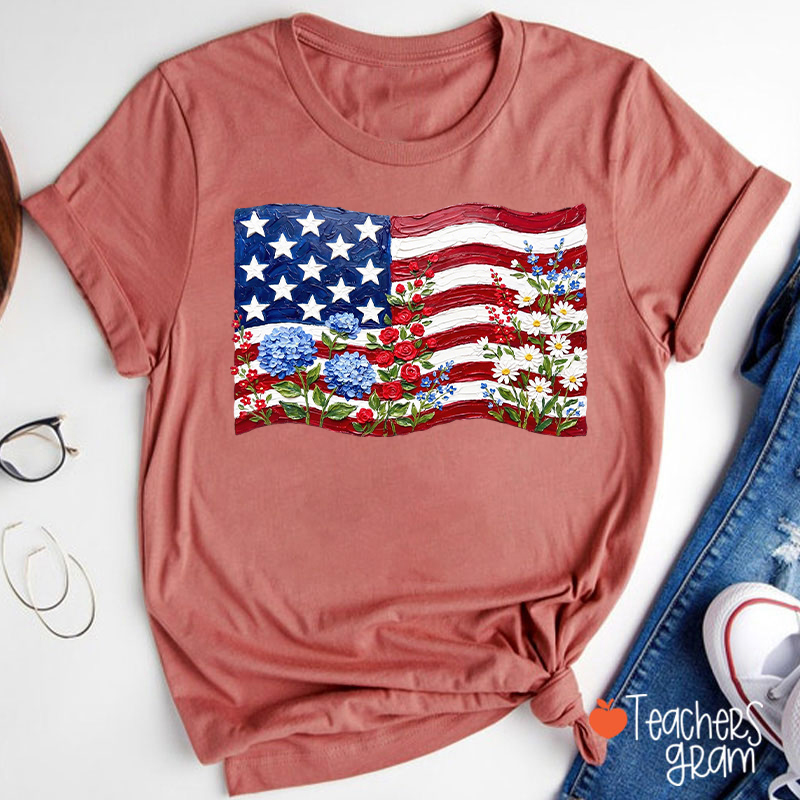 Floral American Flag Teacher T-Shirt