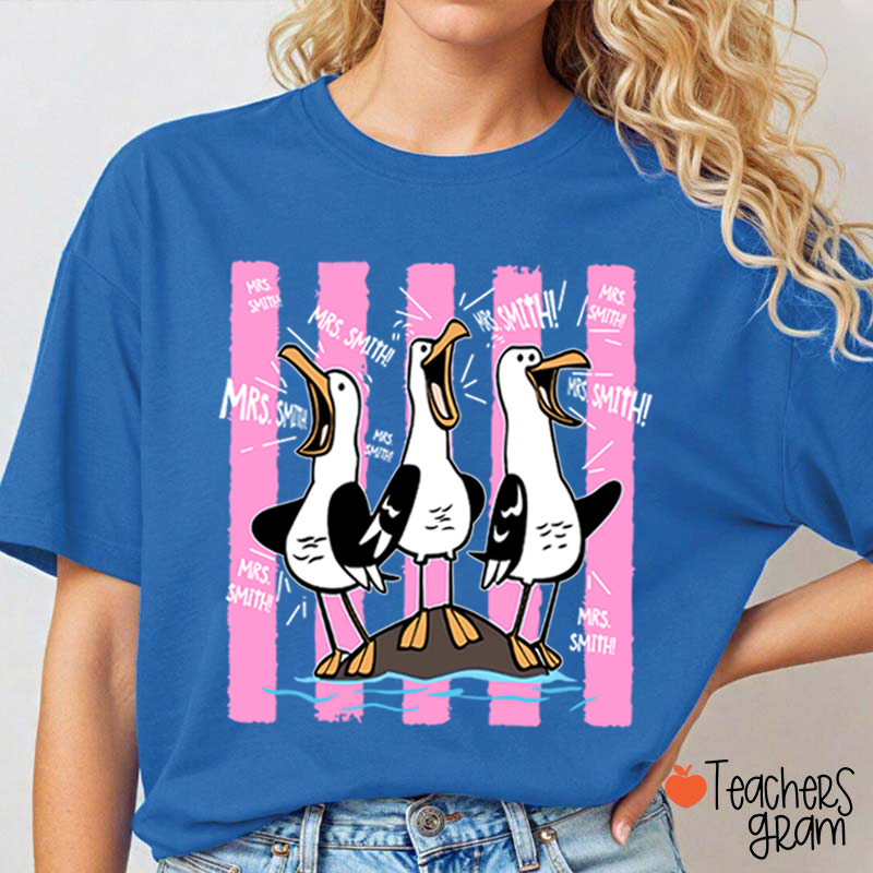 Personalized Pink Stripes Seagull Meme Teacher T-Shirt