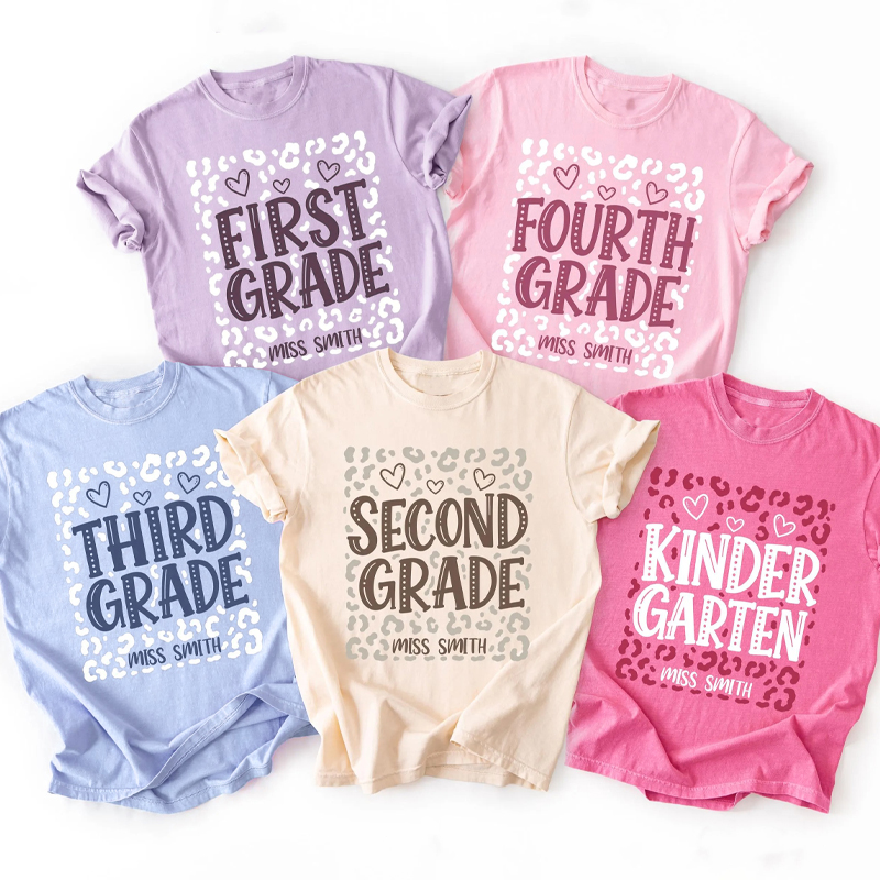 Personalized Name And Grade Leopard Heart Teacher T-Shirt