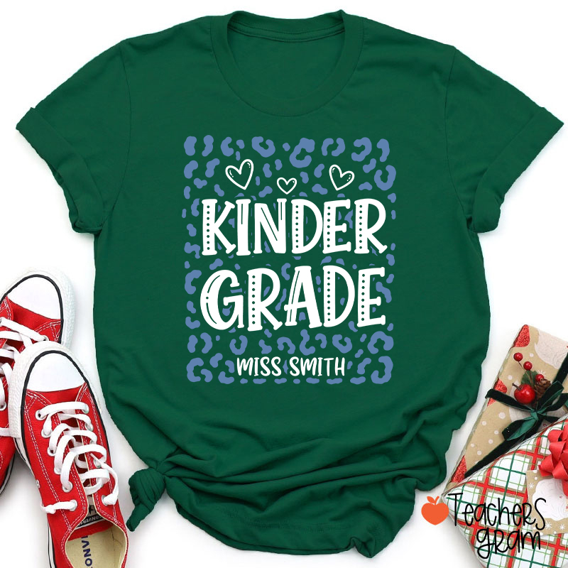Personalized Name And Grade Leopard Heart Teacher T-Shirt