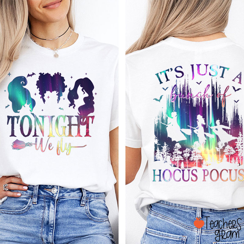 Tonight We Fly Witch Silhouette Broom Bat Teacher Two Sided T‑Shirt