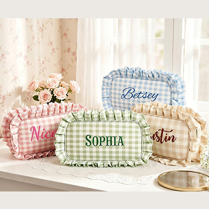 Personalized Gingham Ruffle Makeup Bag