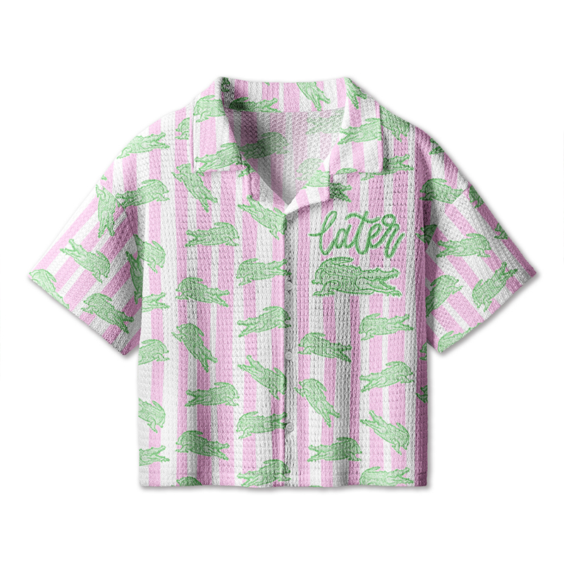 After While Crocodile Girly Preppy Boutique Teacher Crochet Crop Camp Shirt