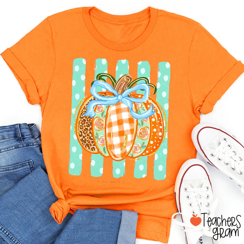 Coquette Patchwork Pumpkin Fall Teacher T-Shirt