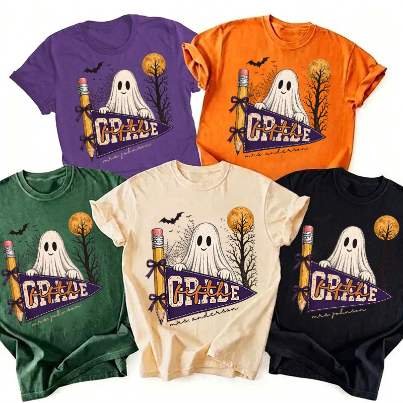Personalized Grade Vintage Ghost Pencil Pennant Teacher T-Shirt