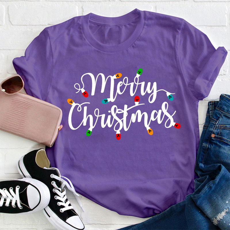 Merry Christmas Colorful Lights Teacher T-Shirt