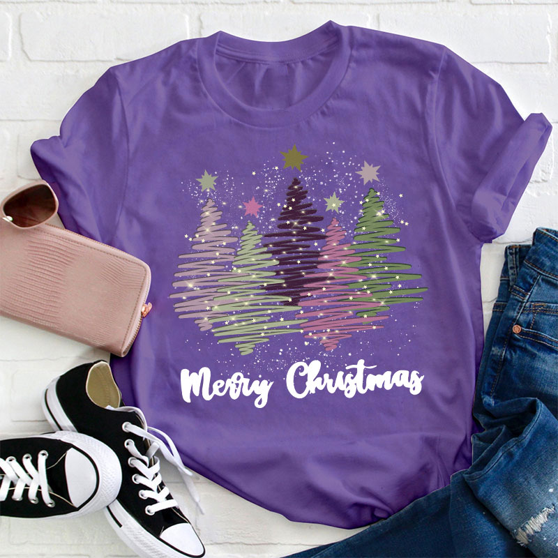 Merry Christmas Colorful Trees Teacher T-Shirt