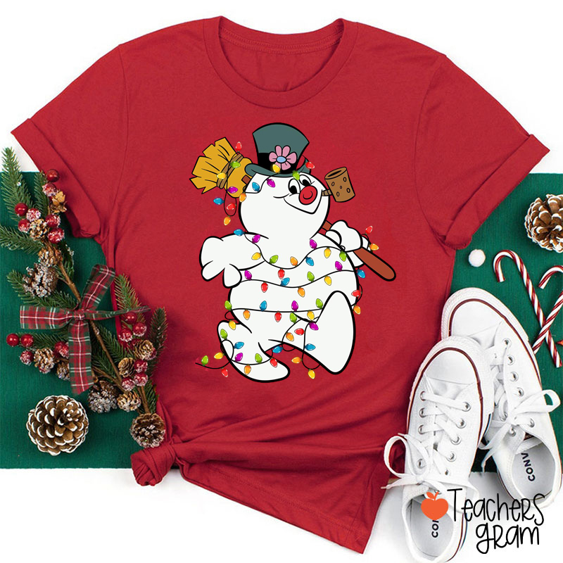 Snowman Surrounded By Christmas Lights Teacher T-Shirt