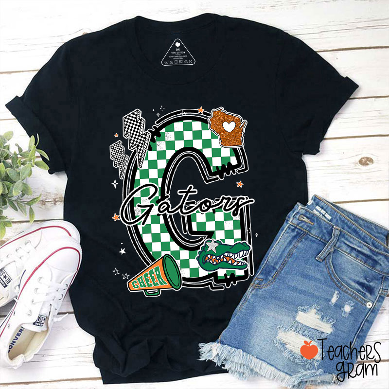 Personalized Mascot Initials Checkered School Spirit Teacher T-Shirt
