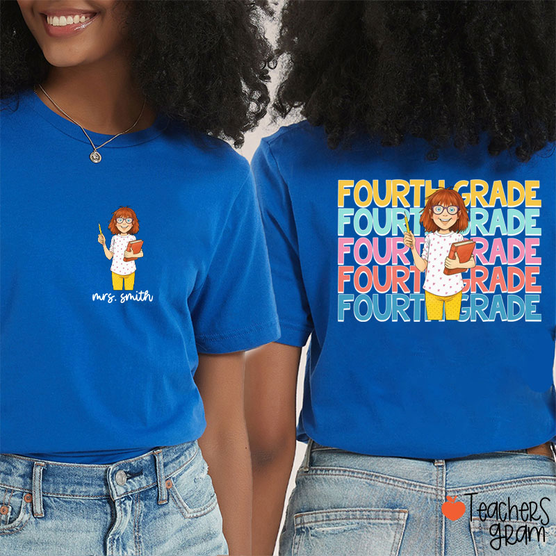 Personalized Grade And Name Cartoon Teacher Reading Teacher Two Sided T-Shirt