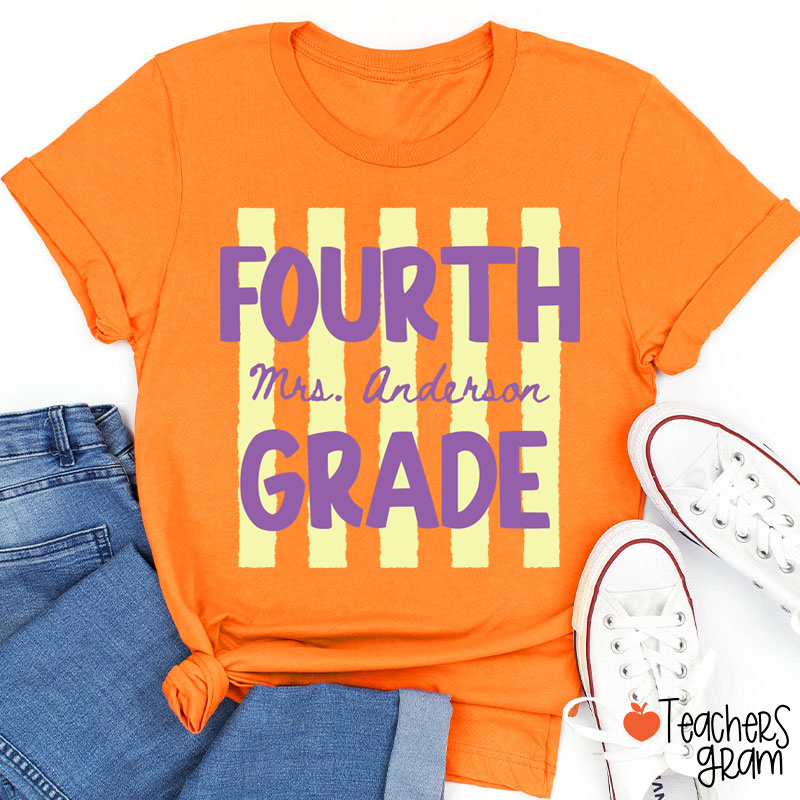 Personalized Name And Grade Preppy Stripes Teacher T-Shirt