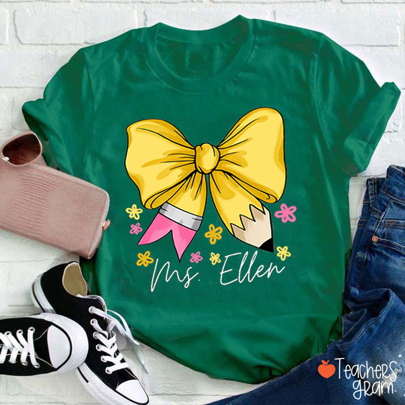 Personalized Name Pencil Bow Teacher T-Shirt