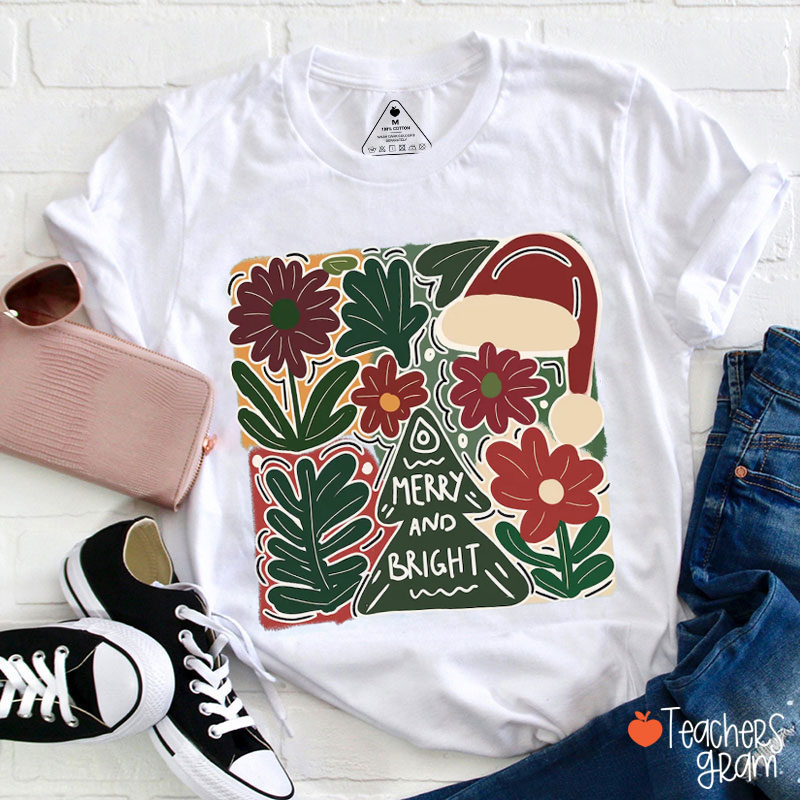 Boho Floral Merry and Bright Teacher T-Shirt