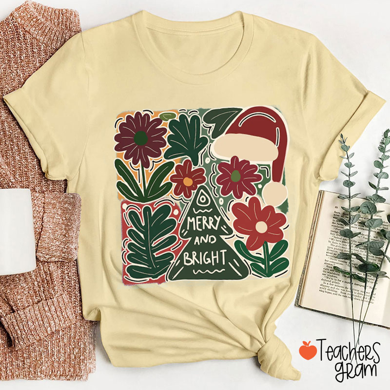 Boho Floral Merry and Bright Teacher T-Shirt