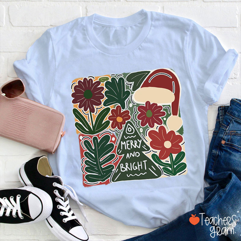 Boho Floral Merry and Bright Teacher T-Shirt