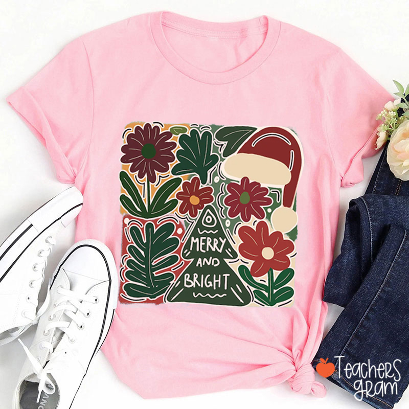 Boho Floral Merry and Bright Teacher T-Shirt