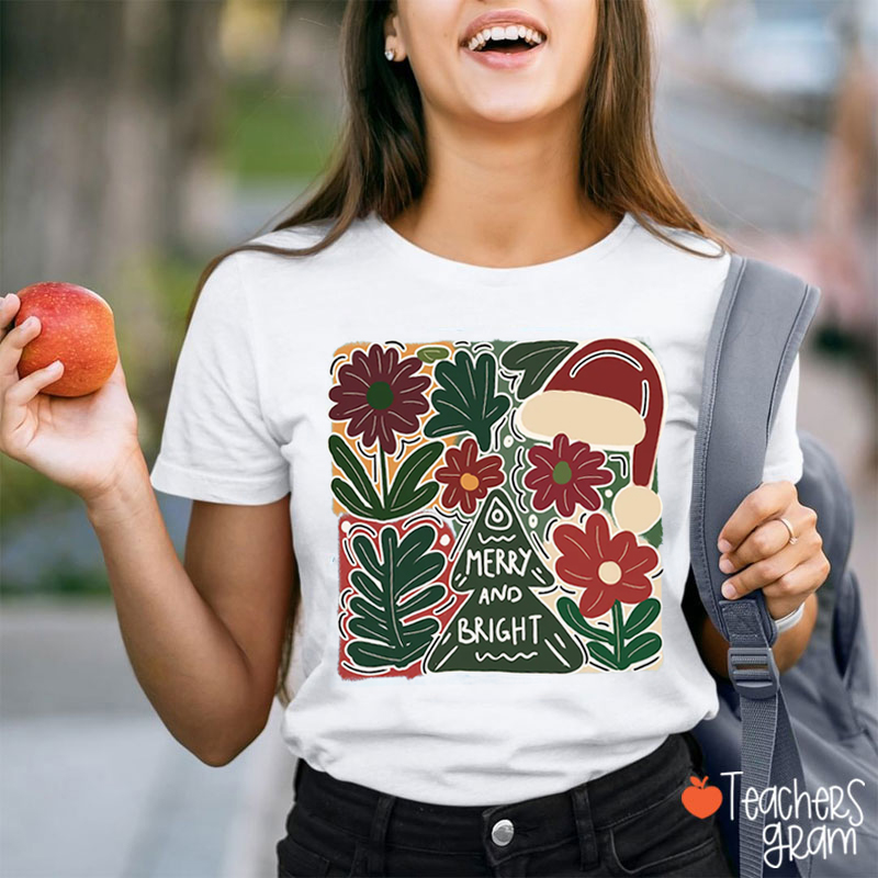 Boho Floral Merry and Bright Teacher T-Shirt