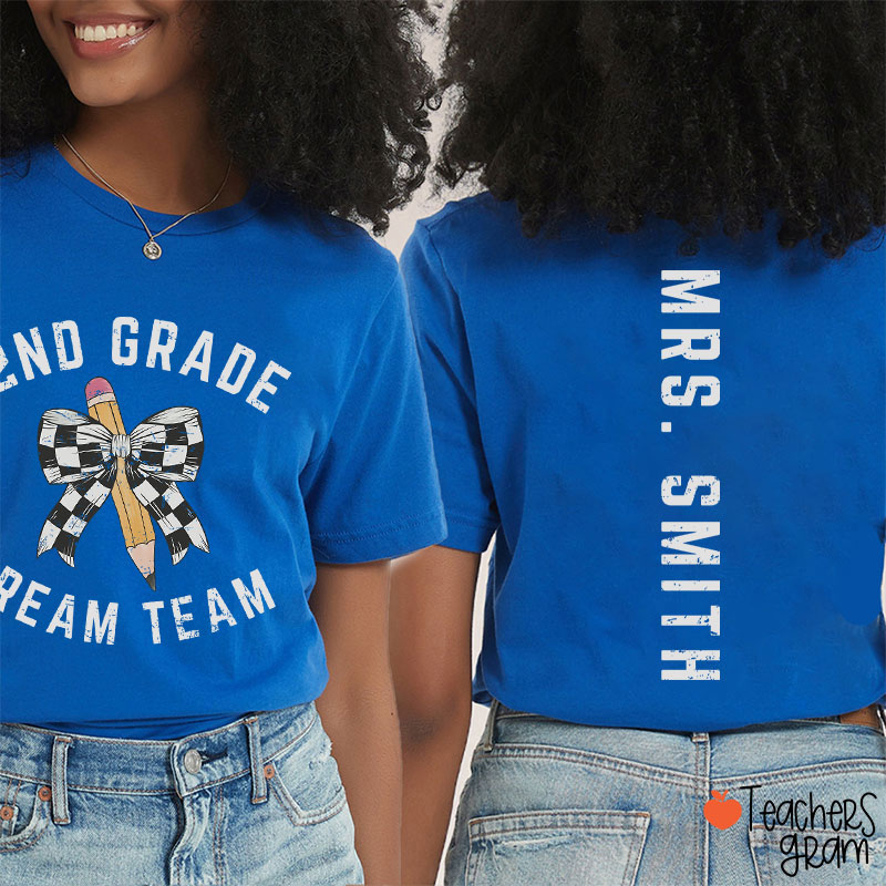 Personalized Grade And Name Checkered Pencil Bow Teacher Two Sided T-Shirt
