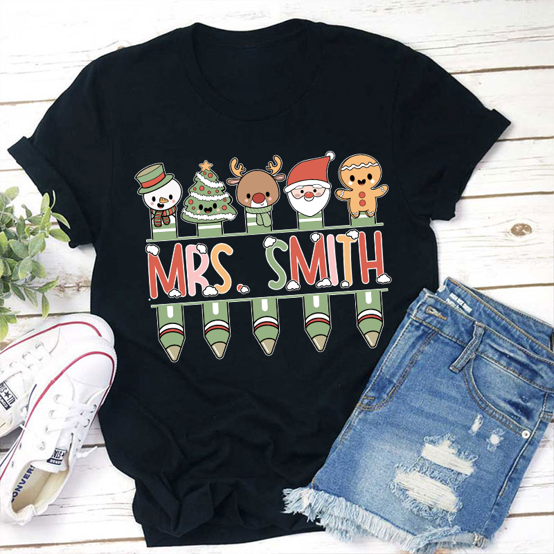 Personalized Name Cute Christmas Pen Teacher T-Shirt