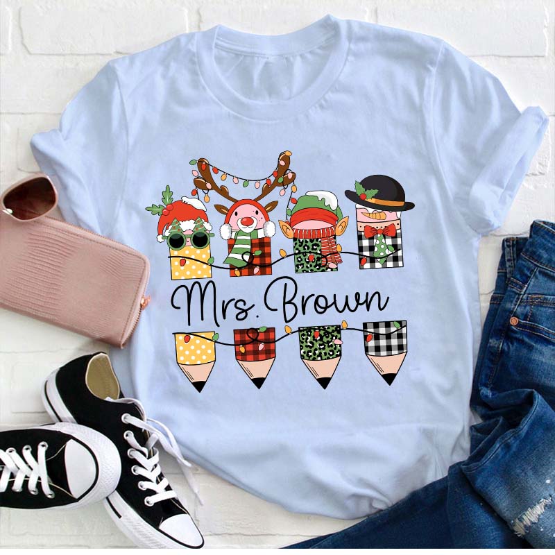 Personalized Name Cute Christmas Pencils Teacher T-Shirt