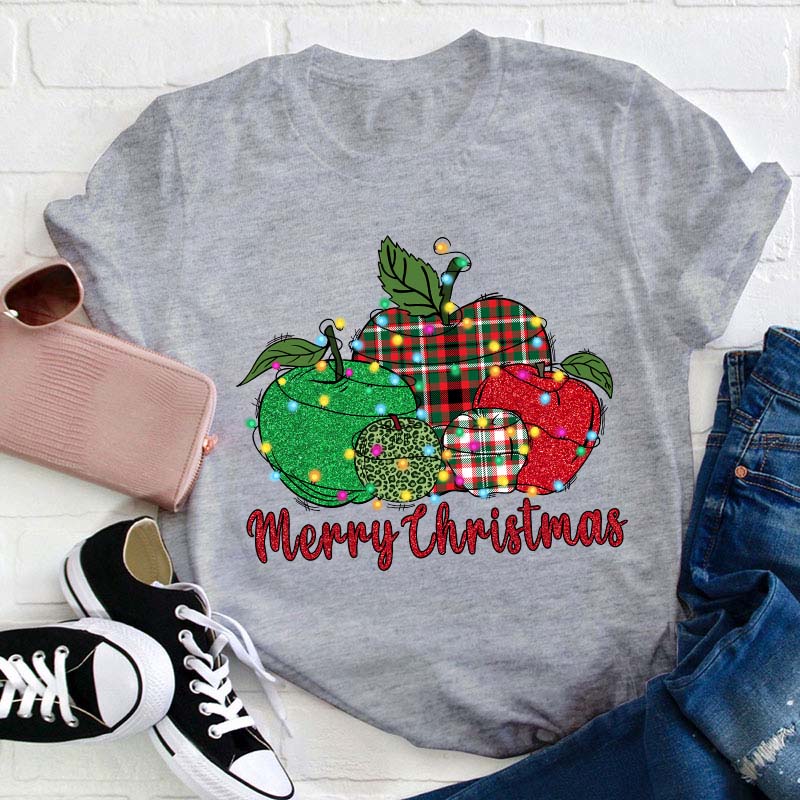 Christmas Apples Surrounded By Lights Teacher T-Shirt