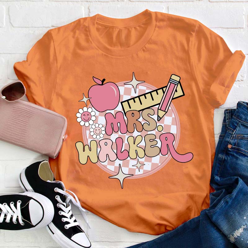 Personalized Pink Checkerboard Teacher T-Shirt