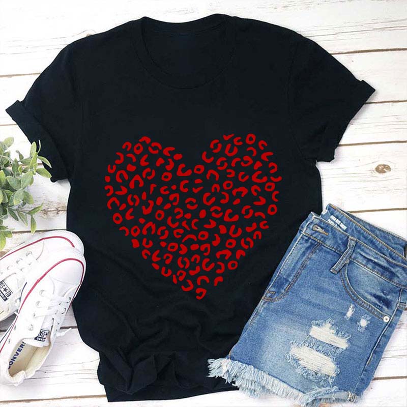 Red Leopard Heart Teacher T-Shirt