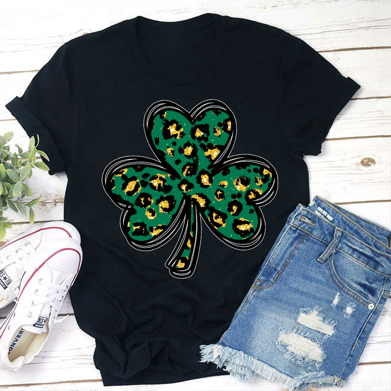Leopard Glitter Shamrock Teacher T-Shirt