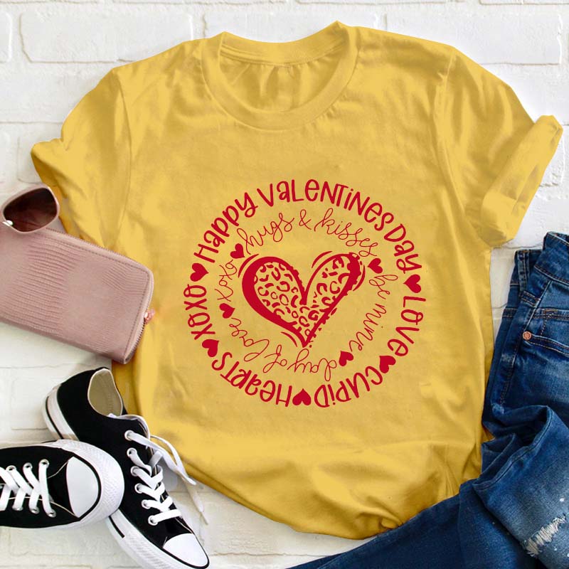 Happy Valentine's Day Leopard Circle Teacher T-Shirt