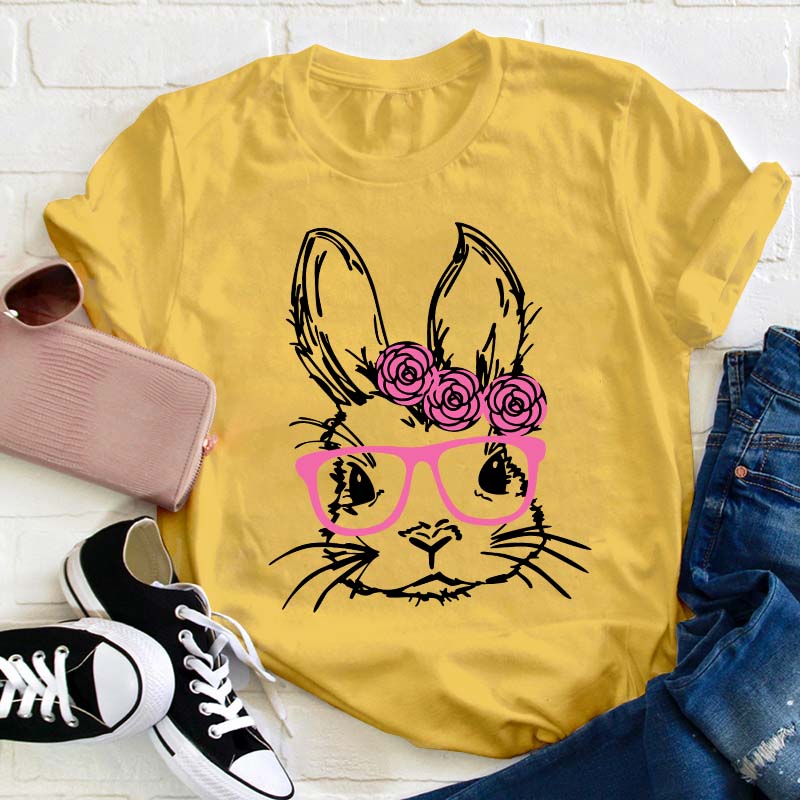 Bunny With Pink Glasses Teacher T-Shirt