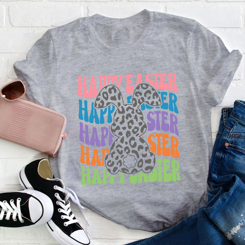 Happy Easter Leopard Bunny Teacher T-Shirt