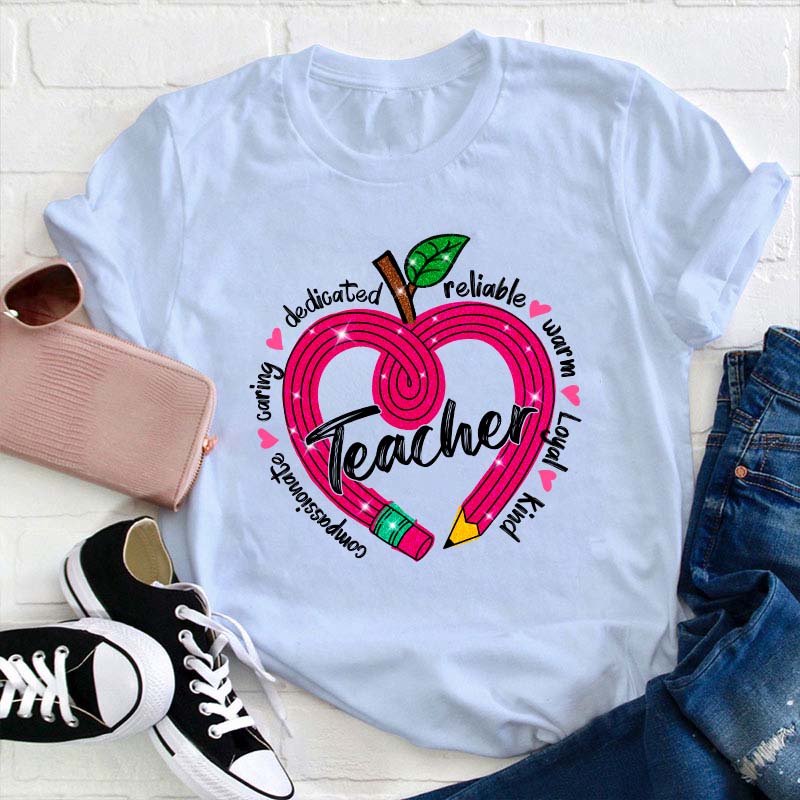 Glitter Apple Pencil Heart Teacher T-Shirt