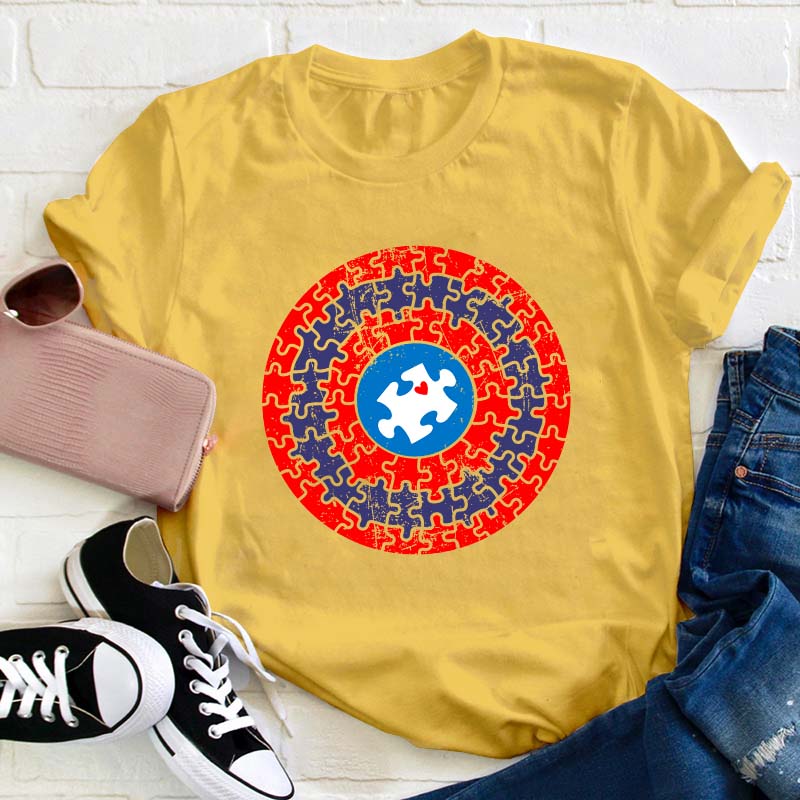 Superhero Shield Autism Puzzle Teacher T-Shirt