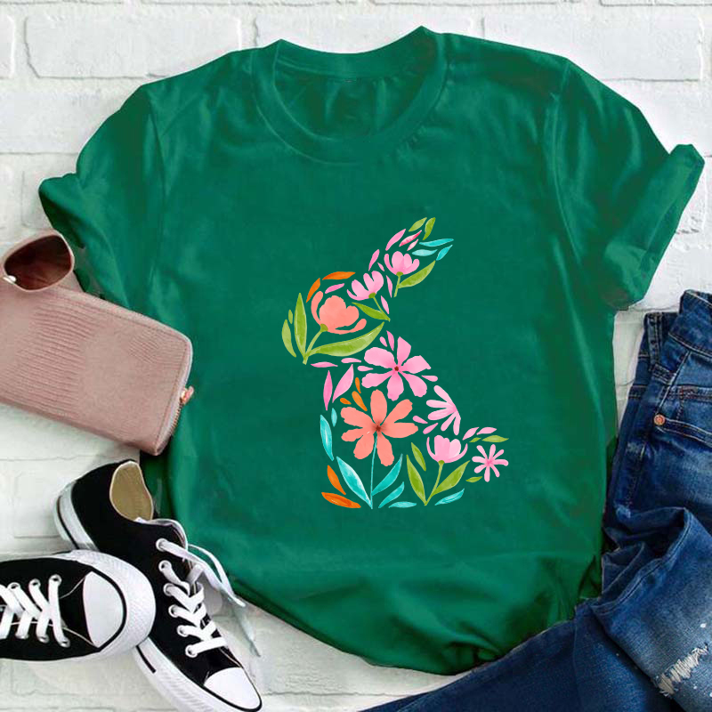 Pink Flower Spring Bunny Teacher T-Shirt