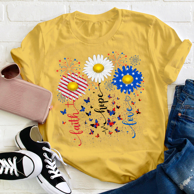 Faith Hope Love Flag Sunflower Teacher T-Shirt
