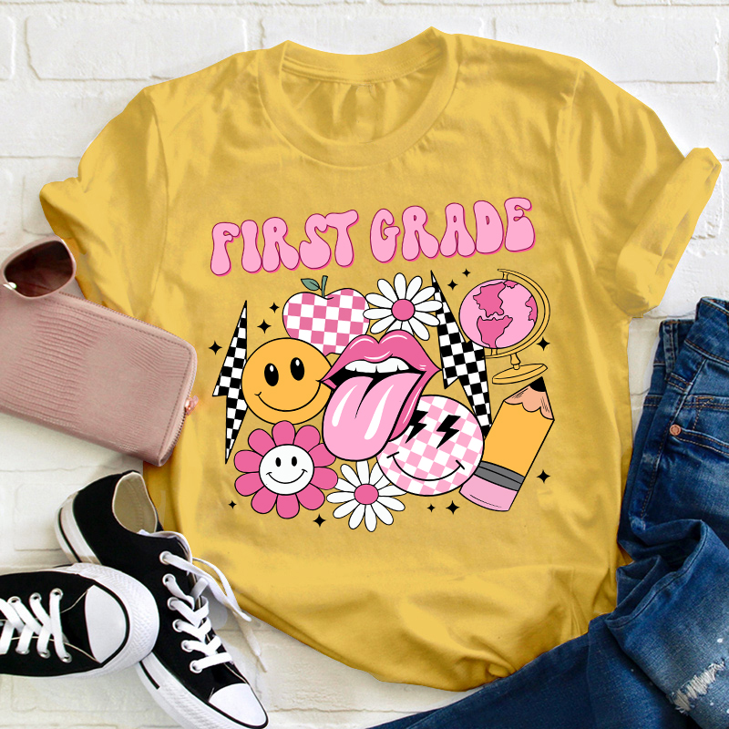 Personalized Pink Checkerboard And Smiley Face Grade Teacher T-Shirt