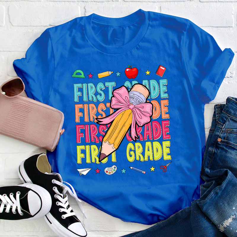 Personalized Class Bow Pencil Cute Icon Teacher T-Shirt