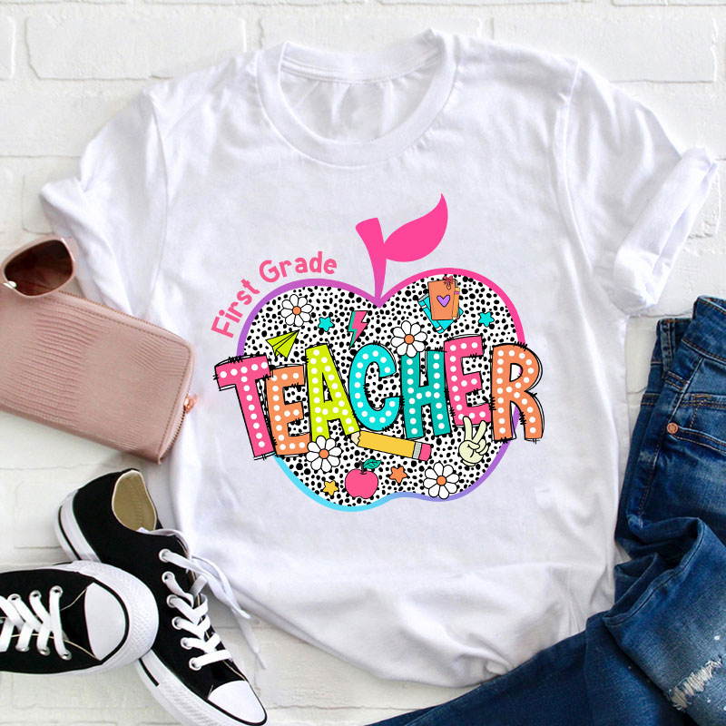 Personalized Neon Leopard Apple Grade Teacher T-Shirt