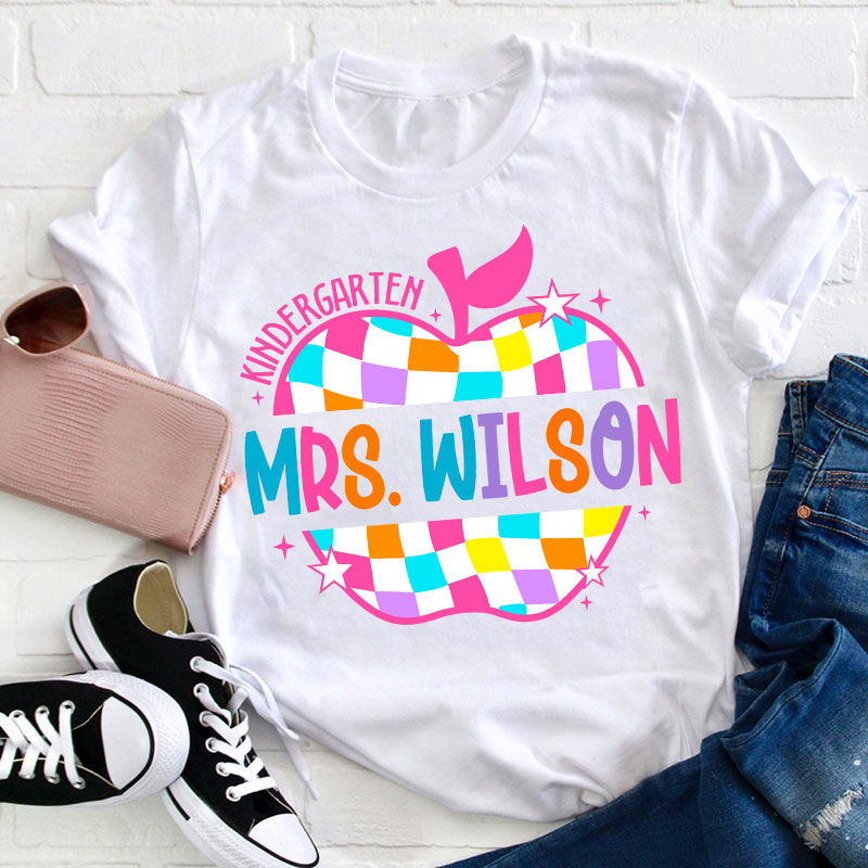 Personalized Colorful Checkerboard Hollow Apple Teacher T-Shirt