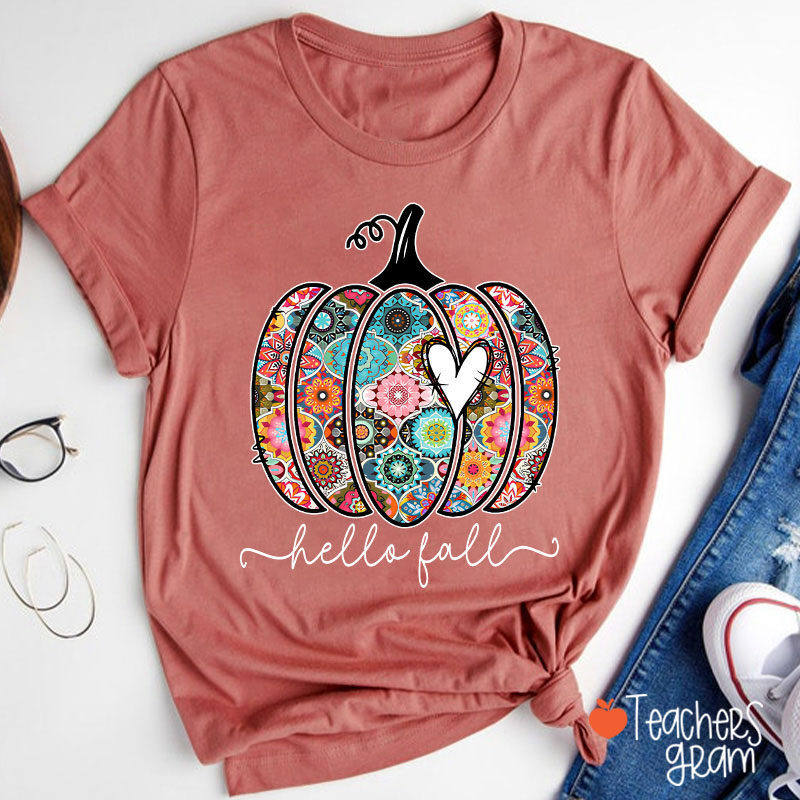 Personalized Text Flowers Pumpkin Fall Teacher T-Shirt
