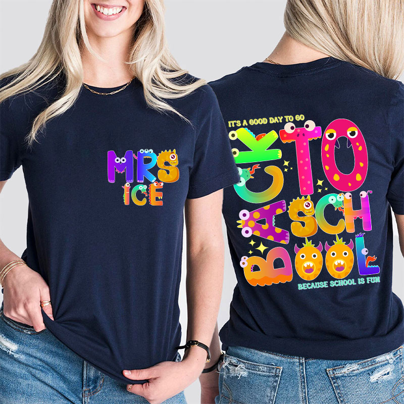 Personalized Name Cute Animal Alphabet Teacher Two Sided T-Shirt